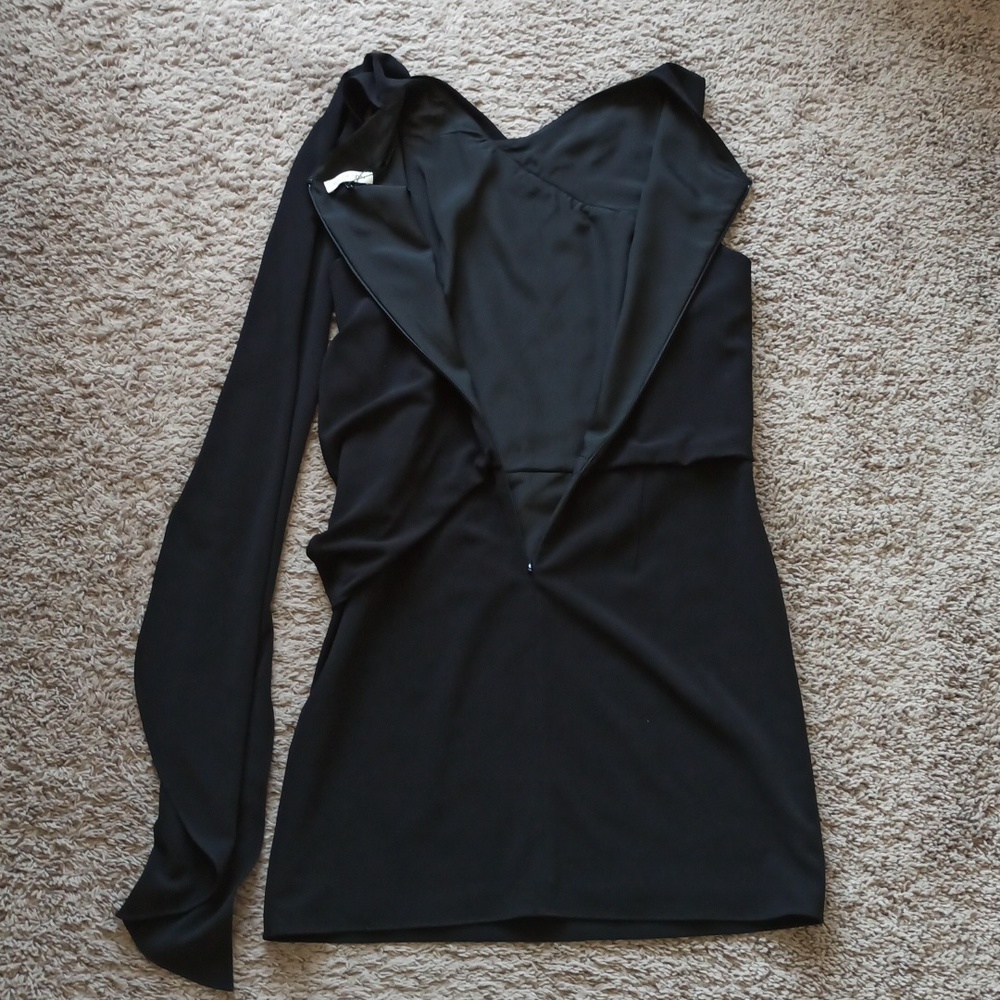 NWT Halston Black Asymmetric Drape Dress With Cape Sleeve - Picture 7 of 7